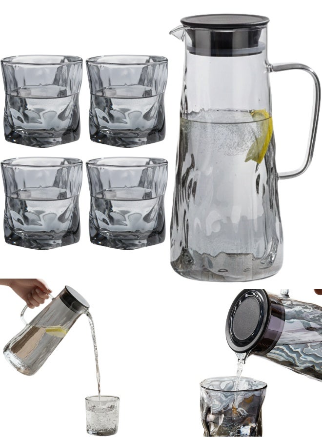Luxury Glass Water Set with Modern Water Ripple Design – 5 Pieces – 1500ml High Borosilicate Heat-Resistant Glass Pitcher with 4 Thick Glass Cups 230ml – Leak-Proof Silicone & PP Lid – Minimalist Matte Elegant Style – Cold and Heat Resistant – Perfect for Water, Juice, Detox Drinks & Daily Home Use - Image 1